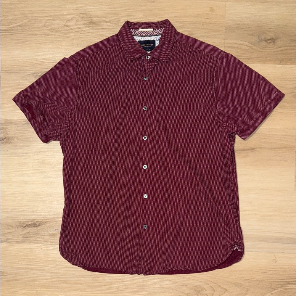 Men's Burgundy Short Sleeve Casual Dress button Shirt Large